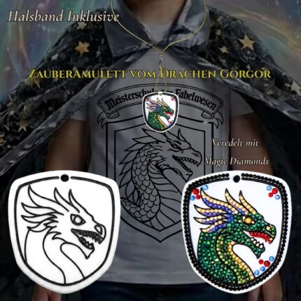 Drachen-Amulett Gorgor zum Verzieren mit Magic Diamonds – mit Halsband, vorher unverziert und nachher fertig gestaltet