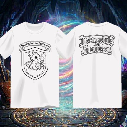Ausmalshirt Drache Rückseite mit Schriftzug Meisterschule der Fabelwesen – Glut