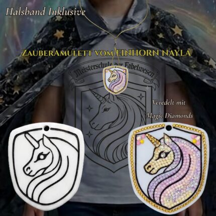 Einhorn-Amulett Nayla zum Verzieren mit Magic Diamonds – mit Halsband, vorher unverziert und nachher fertig gestaltet
