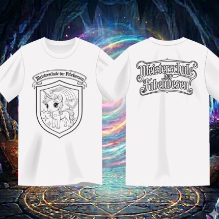Ausmalshirt Einhorn Rückseite mit Schriftzug Meisterschule der Fabelwesen – Nima